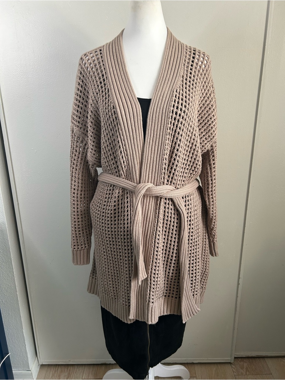 Splendid Joyce Long Open-Knit Belted Cardigan Sweater - Taupe